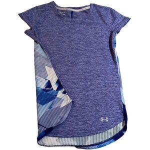 EUC! Under Armour Women’s Purple Heather Front Blue White Print Mesh Back Short
